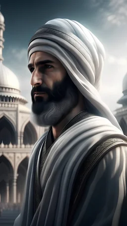 Full HD, 8K, Islamic, Majestic, Beautiful, Giant, Fantasy World, Clear View, Handsome Facial Features with a short black beard, with one hand facing forward angrily pushing away, Accurate Details, White Robe, Headdress, Palace Background