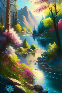 full light,highlight, trees, river, day, sun day, an idyliic forest with bright colorful flowers, mountains, sun,flower, a small river, paradise, on a canvas. realistic art, brush, pencil