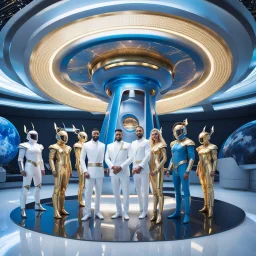(masterpiece, best quality, 8k, RAW photo, beautiful and aesthetic:1.2), complex detail, Indirect light, photorealistic, (((full body))), Meeting of a group of Cosmic male gods smiling, Mixed, sci-fi and cyborg outfit with golden futuristic artifacts, white, blue and silver elements- Inside a great room of a flying saucer with a round hublot showing a galactic sunset