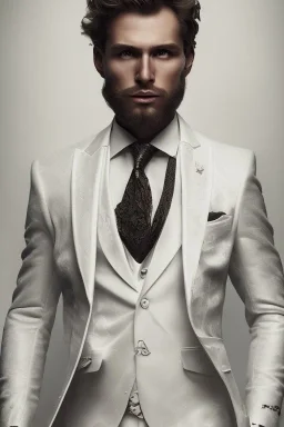 8K, a Highly detailed stunning portrait of Dom man with a a sexy lover, white suit, beard, and short hair, bad boy