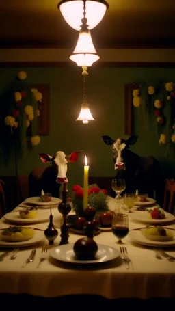 frame from a Wes Anderson film, full shot of the cows family at a delirious celebration dinner in the Garden of Earthly Delights, small electric light bulbs on the table, birds on the table, grapes hanging, elegant and perfect composition