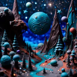 Detailed creepy landscape made of modeling clay, stars and planets, Roger Dean, naïve, Tim Burton, strong texture, Ernst Haekel, extreme detail, Max Ernst, decal, rich moody colors, sparkles, bokeh, odd