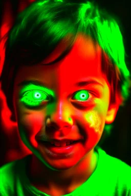 Face of an evil child with a demonic smile, white eyes, surrounded by flames, youthful green light, fire starter in the background