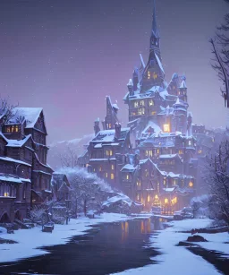 A magical snowy warlock castle with river canals in Christmas time