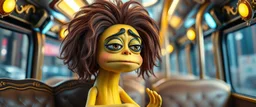 close up portrait of hairy fluffy polymer clay cute female happy worried banana monster with realistic human colored and textured skin, and long sleek limbs and with studio lights, on a luxury ornate neon buss, talking to his aunt