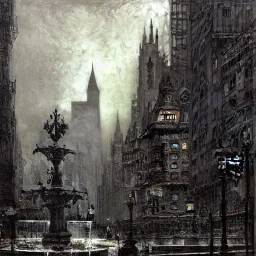 Square with fountain , Gotham city,Neogothic architecture, by Jeremy mann, point perspective,intricate detailed, strong lines, John atkinson Grimshaw,pipes, chimneys