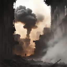 The image depicts a scene of extensive urban destruction. Buildings are heavily damaged or reduced to rubble, with exposed interiors, collapsed roofs, and debris scattered throughout. Plumes of smoke rise from one of the buildings, suggesting recent activity or ongoing fires. The color palette is muted, dominated by the grays and browns of concrete and dust. There are no visible signs of human presence in the immediate vicinity of the destruction, indicating the area may have been evacuated