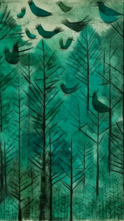 Dark cyan treetops with birds painted by Paul Klee