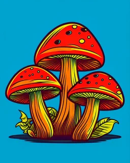 Mushrooms cartoon, simple bold precise lines, color background