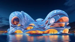 An enormous frisky futuristic fantasy building at night, inspired by the fluidity of ocean waves, with undulating, curved walls made of shimmering, innovative semi-transparent opalescent materials. The happy building has large, curved, intriguing rounded windows, tentacles, curved balconies and walkways. The building is adorned with flowers and surrounded by water, and there are mountains in the distance. Award-winning photograph, beautiful composition, joyful appearance.