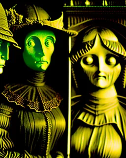 Daguerrotype close up some mysterious figures, odd background, cinematic, Hieronymus Bosch Max Ernst ambient light, by Minicavio Quollati and Marlost Endgulp, Amano, Botticelli, Alphonse Mucha