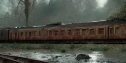 dragon fly, abandoned train of hogwarts on tracks overgrown by nature with large puddles of water flooding part of tracks, rain, fog, 8k resolution, high-quality, fine-detail, intricate, digital art, detailed matte, volumetric lighting, illustration, 3D octane render, brian froud, howard lyon, selina french, anna dittmann, annie stokes, lisa parker, greg rutowski