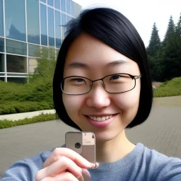 A short haired, Japanese female software engineer from Stanford taking a selfie in front of Building 92 at Microsoft in Redmond, Washington