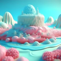 detailed peaceful landscape made of ice cream, strong texture, frosting, cake, cotton candy, extreme detail, octane render