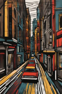 a lino cut drawing of a city street , colorful , heavy strokes , masterpiece , art station