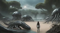 Detailed matte painting of a wide-angle shot of a woman, standing on the right side of an alien beach, with dark hair in a silver robotic catsuit, many large floating creatures with shells and long tentacles, alien jungle trees in the distance