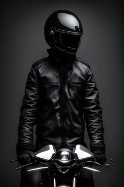 a men wear black jacket and full head motorbike mirror helmet in dark background
