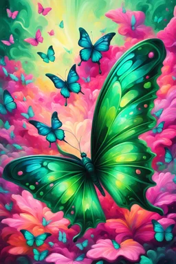 vibrant psychedelic oil painting image, airbrush, 64k, cartoon art image of background GREEN AND PINK BUTTERFLIES , futurism style