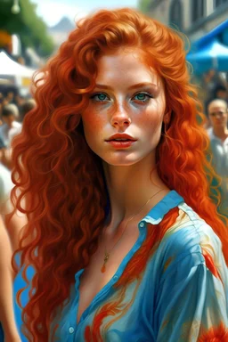watercolor, the most beautiful girl in the world at a street fair; Robyn Lively / Elsa Hosk / Shanina Shaik face morph; long, curly multi-red-hued red hair, pale turquoise gold-speckled eyes, dimple, Soft Shading; highly intricate, sophisticated and complex, hyperrealism, Cinema 4D, 8k resolution, 64 megapixels, CGSociety, ZBrushCentral, behance HD
