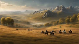 An endless steppe. hills to the right. The hills is densely covered in white oaks. distant riders and wagons. fantasy concept art, exquisite realism, a masterpiece, dynamic lighting, hyperdetailed, intricately detailed, deep color, Unreal Engine, volumetric lighting , Epic cinematic brilliant stunning intricate meticulously detailed dramatic atmospheric maximal,