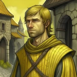 fantasy handdrawn, male in mid thirties, soldier, medieval, dark blonde hair short hair, 3 day beard, looks a bit worn out, yellow tabard, wooden palisades in background