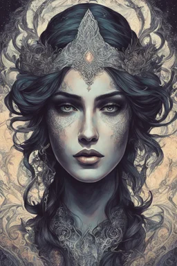 create an abstract impressionist, ethereal, darkly magical lithographic print illustration of an epic female Andalusian sorceress with highly detailed and deeply cut facial features