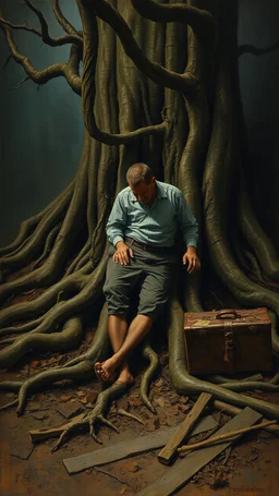 Bosch painting style nightmare, a man with tree roots legs in the ground , beside him and old travelers suitcase , dramatic sad scene, fantasy, scary.