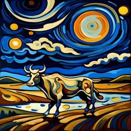 una vaca saltando en la llanura pampeana argentina bajo una luna brillante al estilo de edward munch