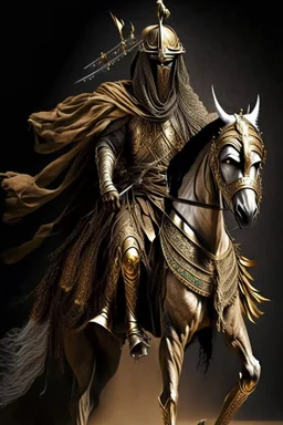 Arab warrior Full Body Full Armored Wearing Face Masculine Mysterious Powerful Fantasy High Quality Carrying his bow Golden clothes His horse behind him