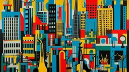 A metropolis made out of jazz instruments painted by Stuart Davis