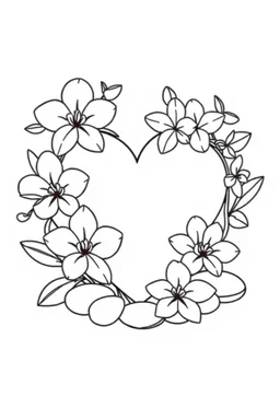 outline art for visually rich appealing heart in orchids plumeria rounded stones candles, ikebana style, coloring page for kids, white background, fit to page, only use outline, clean line art, no shadows, clear and well outlined