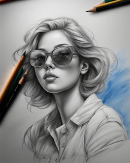 draw a portrait of a girl with sunglasses. with pencil