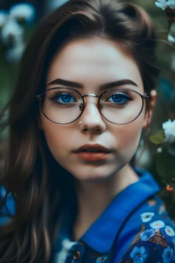 beautiful woman with glasses, has blue open eyes, beautiful flowers surround her face