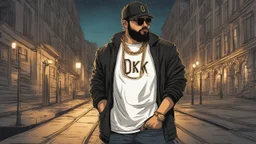 a single man, an Arab from the Middle East, he has a beard, who wears a gold chain, with a t-shirt marked ODK, wears a black baseball jacket with the mark ODK, which bears black sunglasses, with a black baseball cap with the initials ODK. at night, in the city center, at night.