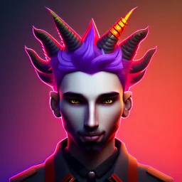 discord profile picture of man with short black hair with red streaks, with purple dragon horns on top of his head, looking mischievous