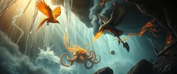 pin hole cam, fire smoke and fog and light rays, phoenix jellyfish octopus bird witch in icy waterfall looks beyond really powerful slapping a bird in the face with fire, fantasy illustration, in the style of Rembrandt