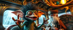 close up portrait of hairy fluffy polymer clay cute happy excited gesticulating alien monster gremlin with realistic human colored and textured skin, and long sleek limbs and with studio lights, on a luxury ornate neon buss with strange graphitti and tatooes, talking to a wise man, buss is full of smoke, and bright beams from the sky
