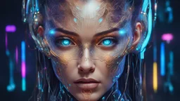 A strikingly stunning woman in the Cyberpunk era, her features rendered in high-resolution detail that can be seen in 4K quality. This portrait captures her cybernetic enhancements with intricate metallic filigree seamlessly integrated into her skin, glowing neon circuitry tracing delicate patterns along her face and arms. The digital painting is vibrant and futuristic, emphasizing the contrast between her fragile human form and advanced technological enhancements. The attention to detail and co