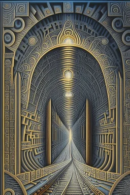 Then it comes to be that the soothing light at the end of your tunnel Was just a freight train coming your way; Precisionism, insanely detailed, intricate, award-winning, foreboding, sinister, surrealism, Optical Art, award-winning, trippy Hieroglyphics, Symbolism, Dystopian, Elegant, Fantastical, Intricate, Hyperdetailed, Holographic, Magnificent, Meticulous, Mysterious, Ominous