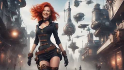 A photorealistic image of a red-haired, slender, witchy woman, winking and smiling, in a one-piece steampunk outfit and stiletto boots, walking through a futuristic city with flying machines.