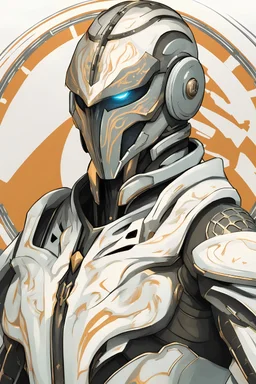 frontal portrait of a futuristic knight half-body, the knight inspired by warframe, in the background a circular sci-fi pattern, closed helmet, needs to be a frontal portrait
