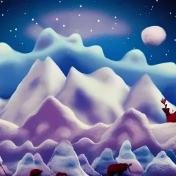 Claymation mountain skyline,Rudolph the red noise reindeer, beautiful, pastel blues and purples, white, aurealis borealis, night, claymation moon, clouds, stars, winter