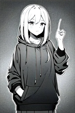 girl dressed in a loose sweatshirt and with one hand on heart, line arts, greyscale