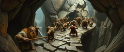 pin hole cam, master oil painting by Rembrandt, realistic rendering wild battle on underground bridge, dwarves wielding pickaxes, orcs and mountain trolls, bugbears, bridge is kinda collapsing