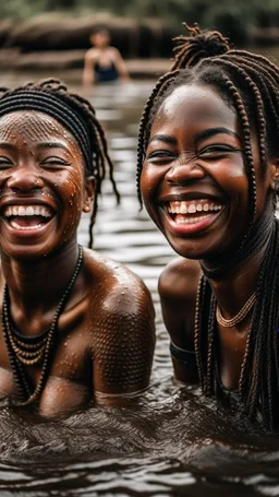 Two African women, laughing while swimming in muddy lake