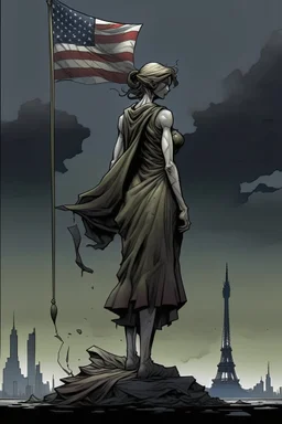 the statue of liberty, dress dirty and torn, her face solemn and terse, her head hanging in defeat, shoulders slumped, trash littered at her feet, she's holding a crumpled american flag as she walks away, back to the viewer, under a dark and dreary sky