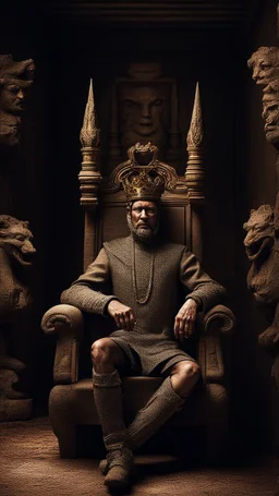Create an image of king on his throne in an old house with a fireplace with strange statues in side a temple with dim light of fire torch on the wall in the background