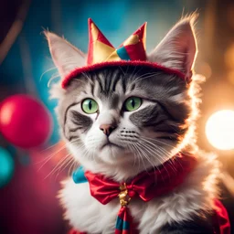 primer plano de una gato vestido de mimo, fondo de circo, luminoso y arruinado, contraluz, atmosfera de festejo.
