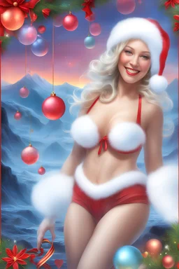 Christmas Themed -- text "Merry Christmas," Multicolored 3D Bubbles, multicolored, Floating 3D hearts with an electrical current, fog, clouds, somber, ghostly mountain peaks, a flowing river of volcanic Lava, fireflies, a close-up, portrait of an Mrs. Santa Claus, smiling a big bright happy smile, wearing a red bikini with white ruffles, black fishnet stockings, black, knee-high platform boots, in the art style of Boris Vallejo
