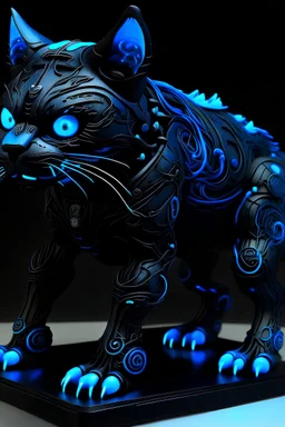 Faça um monstro gigante felino preto com detalhes azul neon majestoso